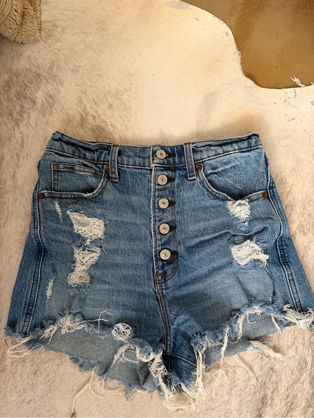 Abercrombie Distressed High-Waist Denim Shorts - Blue